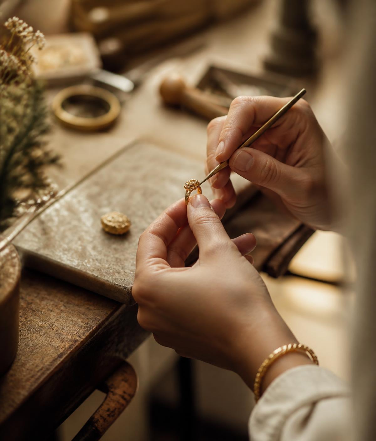 Artisane joaillière façonnant une bague en or dans l'atelier VIELIS